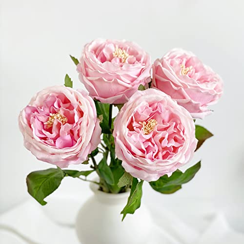 YalzoneMet 3.5'' Big Bloom Rose Artificial Flowers Light Pink 4Pcs Real Touch Rose Faux 17.7 Inch Long Stem Austen Roses Peonies Fake Flowers for Home Kitchen Party Christmas Flower Wedding Decor - Image 1