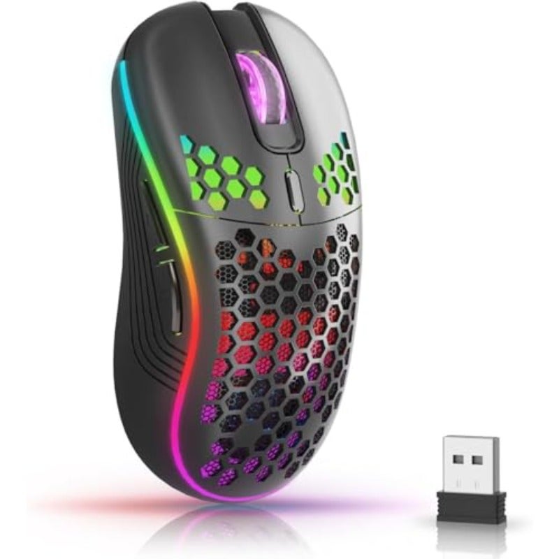 فأرة سلكية لاسلكية للألعاب / فأرة يمكن إعادة شحنها للكمبيوتر مع إضاءة خلفية RGB، تحتوي على 6 أزرار وقابلة للتعديل، خفيفة الوزن وبتصميم من خلية نحل، مناسبة لللابتوبات وأجهزة الكمبيوتر وغيرها. لون أسود - Image 1