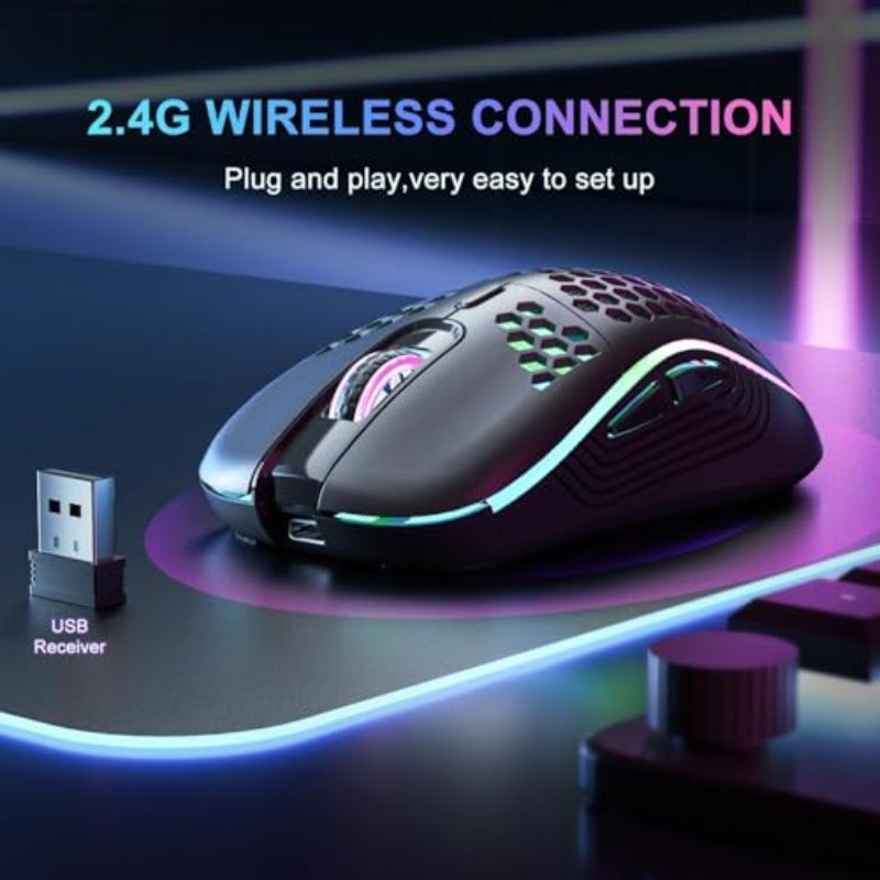 فأرة سلكية لاسلكية للألعاب / فأرة يمكن إعادة شحنها للكمبيوتر مع إضاءة خلفية RGB، تحتوي على 6 أزرار وقابلة للتعديل، خفيفة الوزن وبتصميم من خلية نحل، مناسبة لللابتوبات وأجهزة الكمبيوتر وغيرها. لون أسود - Image 2