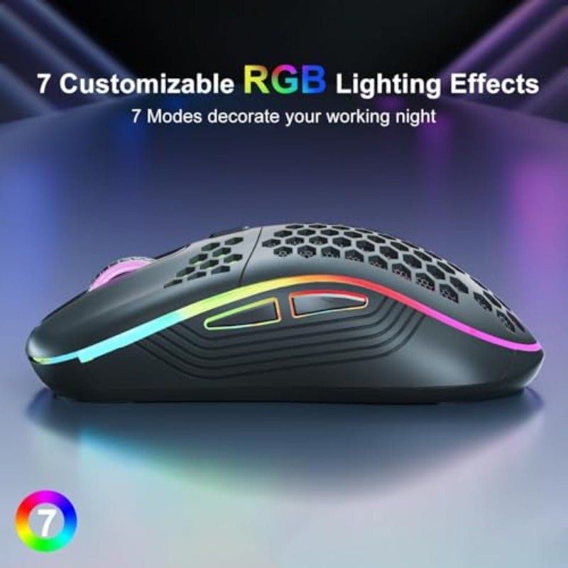 فأرة سلكية لاسلكية للألعاب / فأرة يمكن إعادة شحنها للكمبيوتر مع إضاءة خلفية RGB، تحتوي على 6 أزرار وقابلة للتعديل، خفيفة الوزن وبتصميم من خلية نحل، مناسبة لللابتوبات وأجهزة الكمبيوتر وغيرها. لون أسود - Image 3