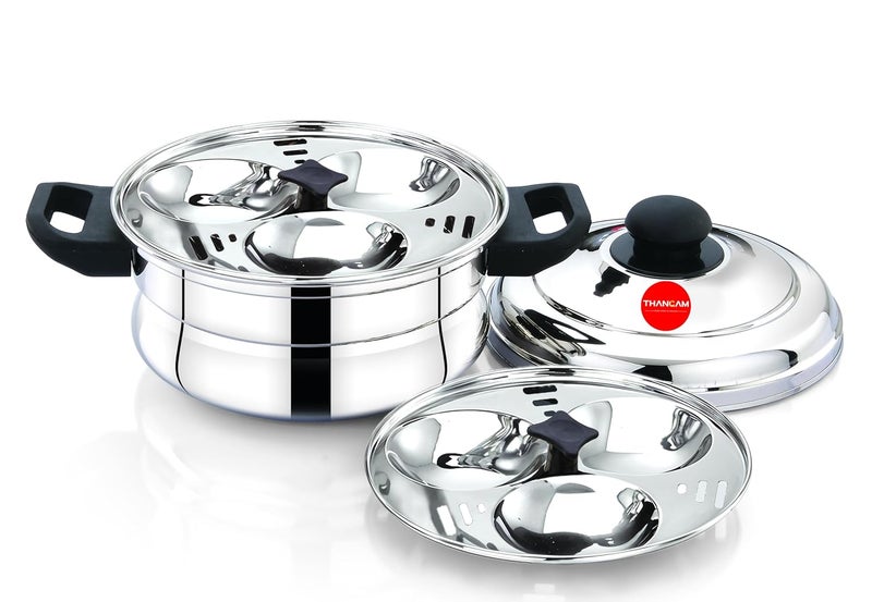 Thangam Stainless Steel Idli Maker 2 Plates 6 soft idlies Idly CookerSteamer 28x15cm with Mini Idly Plate and Steamer PlateSILVER - Image 2
