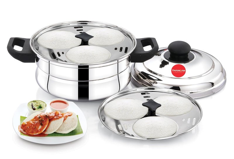 Thangam Stainless Steel Idli Maker 2 Plates 6 soft idlies Idly CookerSteamer 28x15cm with Mini Idly Plate and Steamer PlateSILVER - Image 1