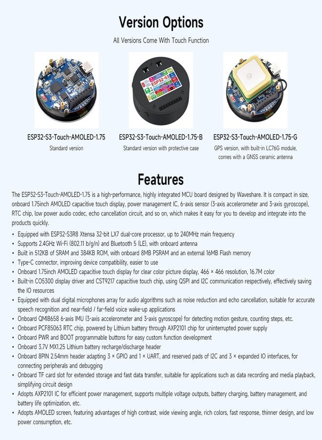 ويف شير لوحة تطوير Waveshare ESP32-S3 بشاشة لمس دائرية AMOLED مقاس 1.75 بوصة (مع غطاء، بدون GPS)، معالج LX7 ثنائي النواة 32 بت، دقة 466×466، واجهة QSPI، مصفوفة ميكروفونات رقمية مزدوجة، ESP32 مع شاشة عرض - Image 4