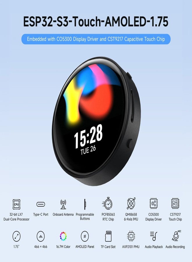 ويف شير لوحة تطوير Waveshare ESP32-S3 بشاشة لمس دائرية AMOLED مقاس 1.75 بوصة (مع غطاء، بدون GPS)، معالج LX7 ثنائي النواة 32 بت، دقة 466×466، واجهة QSPI، مصفوفة ميكروفونات رقمية مزدوجة، ESP32 مع شاشة عرض - Image 3