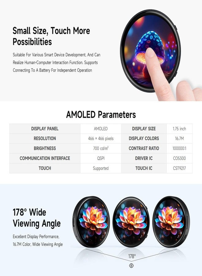 ويف شير لوحة تطوير Waveshare ESP32-S3 بشاشة لمس دائرية AMOLED مقاس 1.75 بوصة (مع غطاء، بدون GPS)، معالج LX7 ثنائي النواة 32 بت، دقة 466×466، واجهة QSPI، مصفوفة ميكروفونات رقمية مزدوجة، ESP32 مع شاشة عرض - Image 5