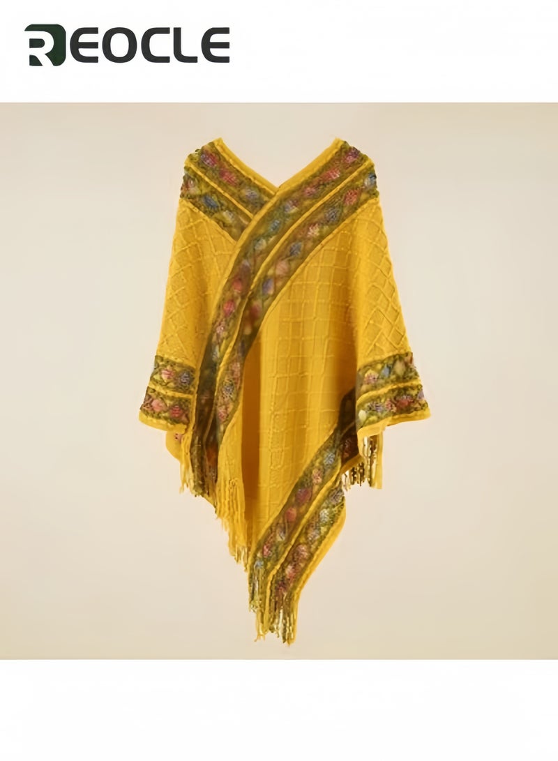 REOCLE Women's Shawl Wraps Travel Plaid Poncho Cape Warm Poncho Wrap Cardigan with Fringed V-Neck Striped Sweater Pullover Cape - Image 4