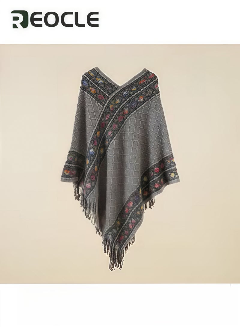 REOCLE Women's Shawl Wraps Travel Plaid Poncho Cape Warm Poncho Wrap Cardigan with Fringed V-Neck Striped Sweater Pullover Cape - Image 3