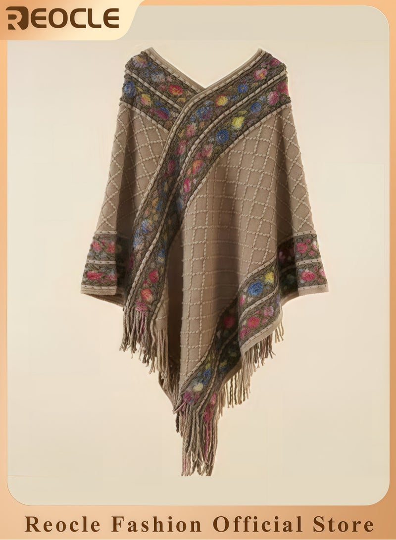 REOCLE Women's Shawl Wraps Travel Plaid Poncho Cape Warm Poncho Wrap Cardigan with Fringed V-Neck Striped Sweater Pullover Cape - Image 1