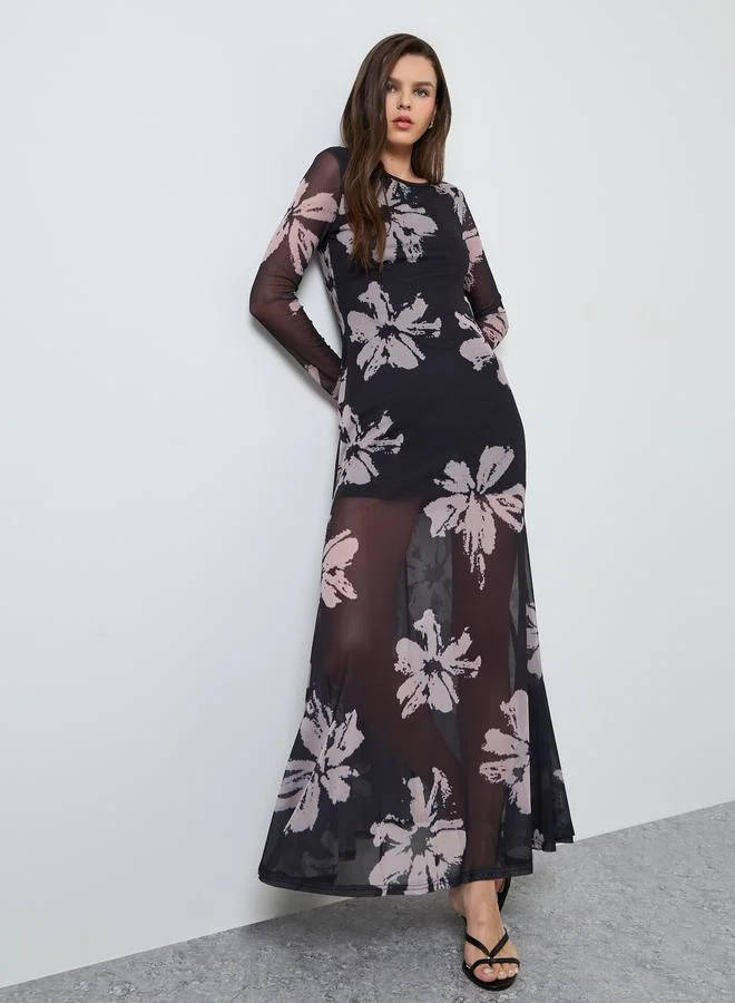 Take Two Black Floral print Long Sleeves A-Line Maxi Dress