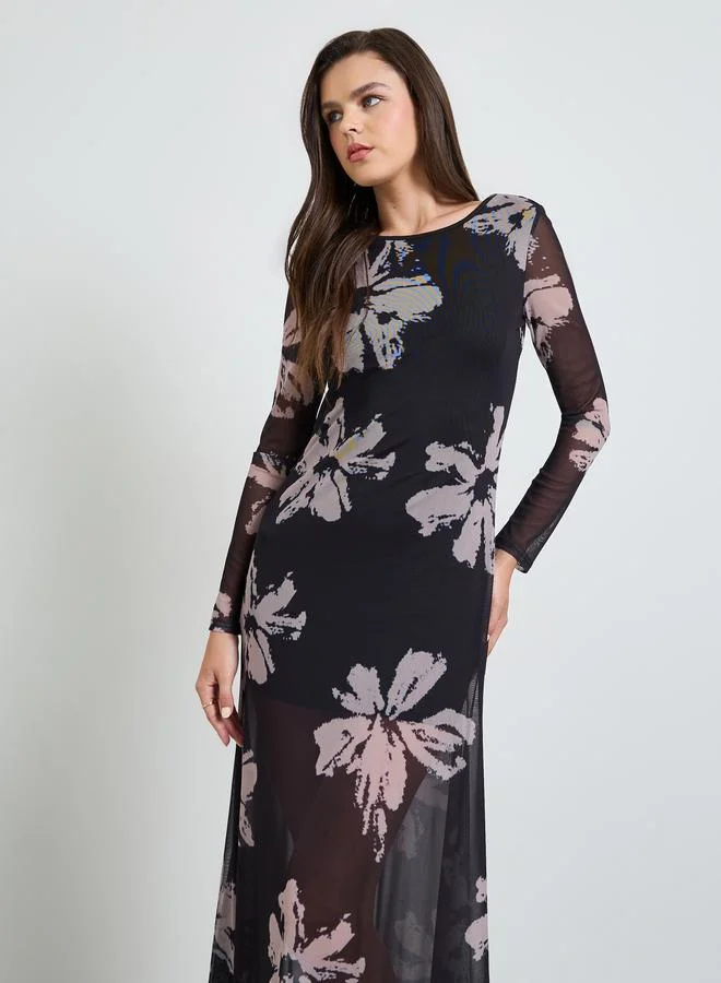 Take Two Black Floral print Long Sleeves A-Line Maxi Dress