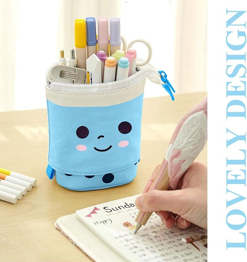 KPX Cute Standing Pencil Case Pen Holder for Kids, Pop Up Stand UP Bubble Tea Pen Organizer Kawaii Stationary for Christmas Holiday New Year Office (Blue) - Image 5