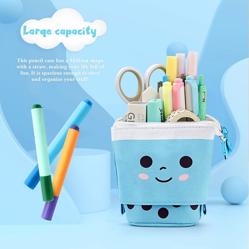 KPX Cute Standing Pencil Case Pen Holder for Kids, Pop Up Stand UP Bubble Tea Pen Organizer Kawaii Stationary for Christmas Holiday New Year Office (Blue) - Image 4