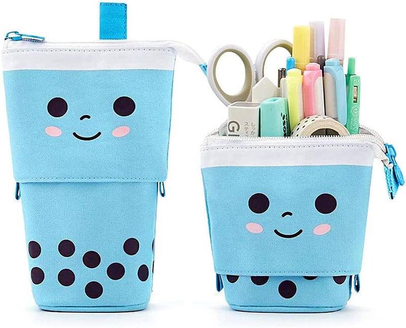KPX Cute Standing Pencil Case Pen Holder for Kids, Pop Up Stand UP Bubble Tea Pen Organizer Kawaii Stationary for Christmas Holiday New Year Office (Blue) - Image 1