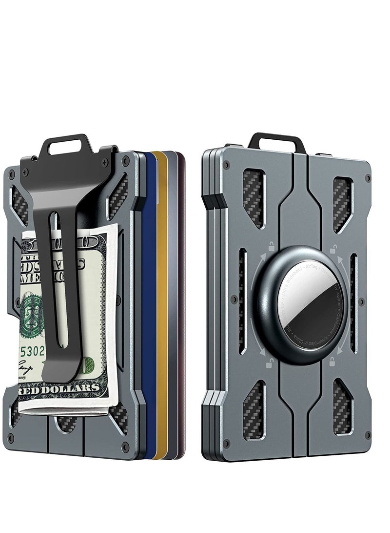 KASTWAVE Credit Card Holder with AirTag Keyring Wallet, Men's RFID Blocking Aluminum Metal Money Clip with 15 Cards Capacity Cash Clip Dad Gifts, Grey ( Airtag Not Included)  - Image 1