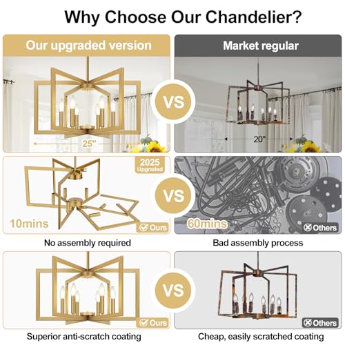 Lynnoland 25" Modern Gold Chandelier for Dining Room, No Assembly Required Gold Dining Room Light Fixture Over Table, Industrial Metal Hanging Pendant Lights Fixture for Kitchen Island, Entryway, Foyer - Image 2