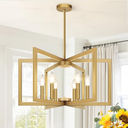 Lynnoland 25" Modern Gold Chandelier for Dining Room, No Assembly Required Gold Dining Room Light Fixture Over Table, Industrial Metal Hanging Pendant Lights Fixture for Kitchen Island, Entryway, Foyer - Image 1