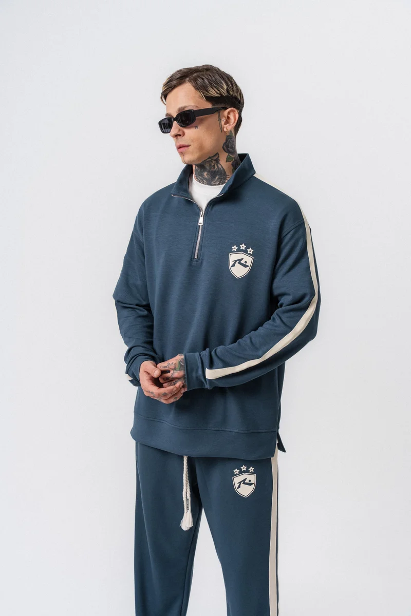 ريسباير سويت شيرت رجالي من المودال (Modal) نصف بسحاب (Half-Zip) بتفاصيل شريط لون بترولي