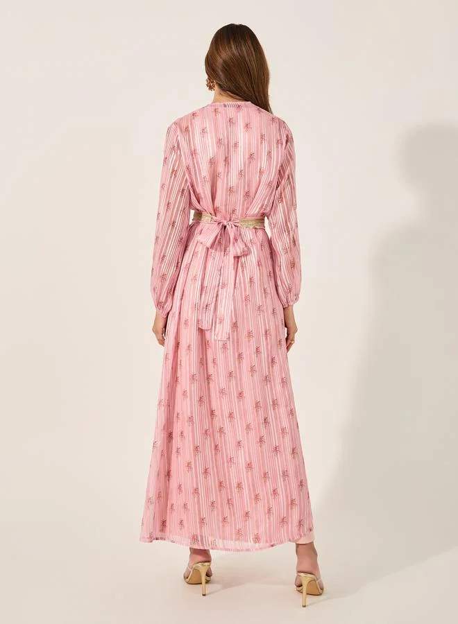Styli Floral Print Lace Trim Belted Kaftan with Inner Satin Dress