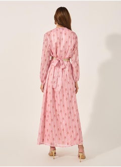 Styli Floral Print Lace Trim Belted Kaftan with Inner Satin Dress  - Image 5