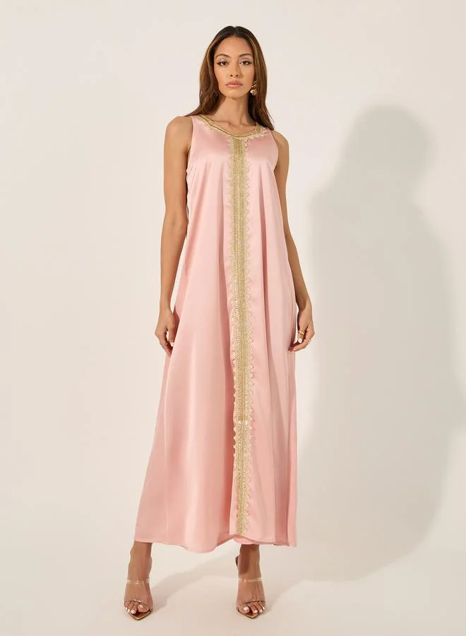Styli Floral Print Lace Trim Belted Kaftan with Inner Satin Dress