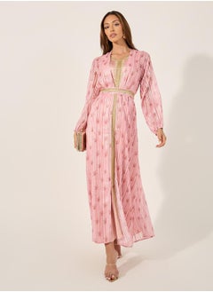 Styli Floral Print Lace Trim Belted Kaftan with Inner Satin Dress  - Image 2