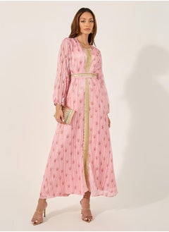 Styli Floral Print Lace Trim Belted Kaftan with Inner Satin Dress  - Image 1