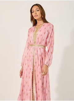 Styli Floral Print Lace Trim Belted Kaftan with Inner Satin Dress  - Image 3