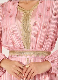 Styli Floral Print Lace Trim Belted Kaftan with Inner Satin Dress  - Image 4