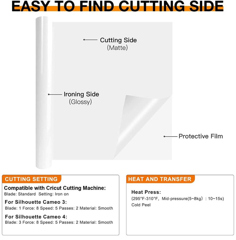 HTVRONT HTV Roll Heat Transfer Vinyl - 12" x 8ft White HTV Vinyl for Shirts, Iron on Vinyl for All Cutting Machine - Easy to Cut & Weed for Heat Transfer Design (White) - Image 5