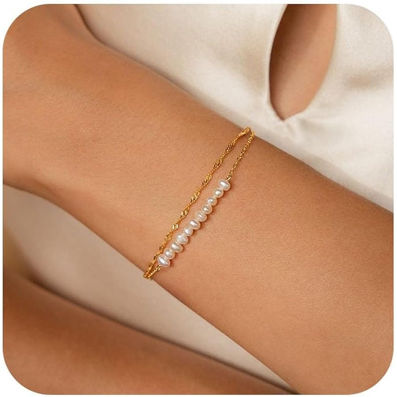 YOTIME Gold Pearl Bracelets for Women Trendy 18K Gold Plated Bracelets Dainty Pearls Beaded Chain Charm Pearl Bracelets Simple Jewelry for her - Image 1