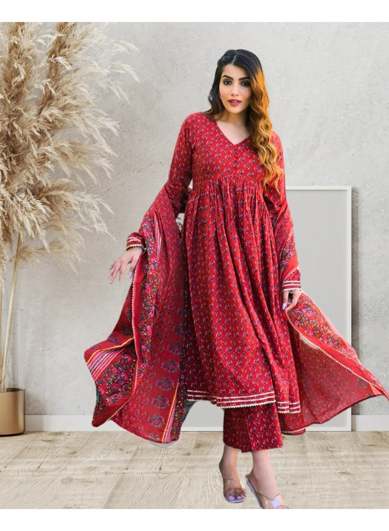 Divena Red Pure Cotton Hand Block Print Anarkali Kurta Set with Gota Work, V-Neck & Long Sleeves - Image 4