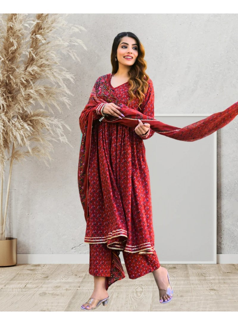 Divena Red Pure Cotton Hand Block Print Anarkali Kurta Set with Gota Work, V-Neck & Long Sleeves - Image 5