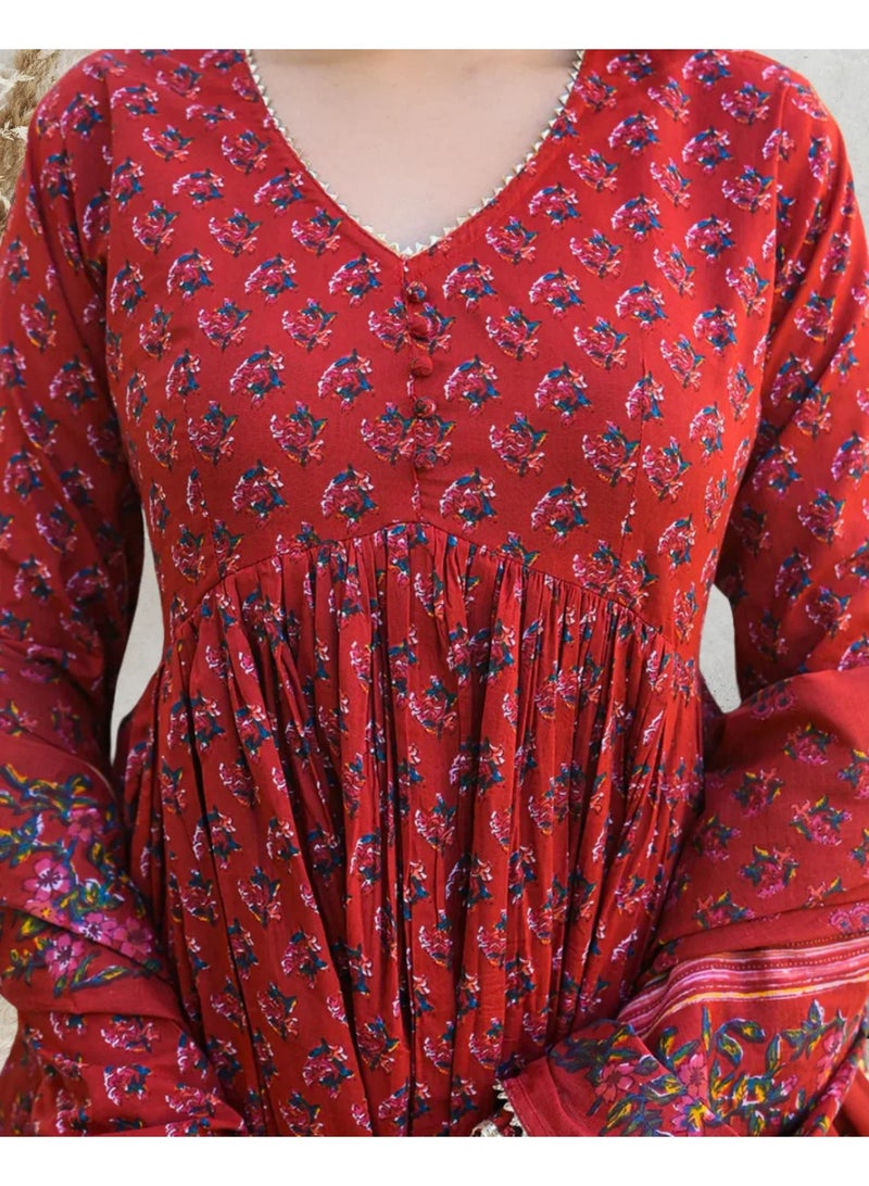 Divena Red Pure Cotton Hand Block Print Anarkali Kurta Set with Gota Work, V-Neck & Long Sleeves - Image 3