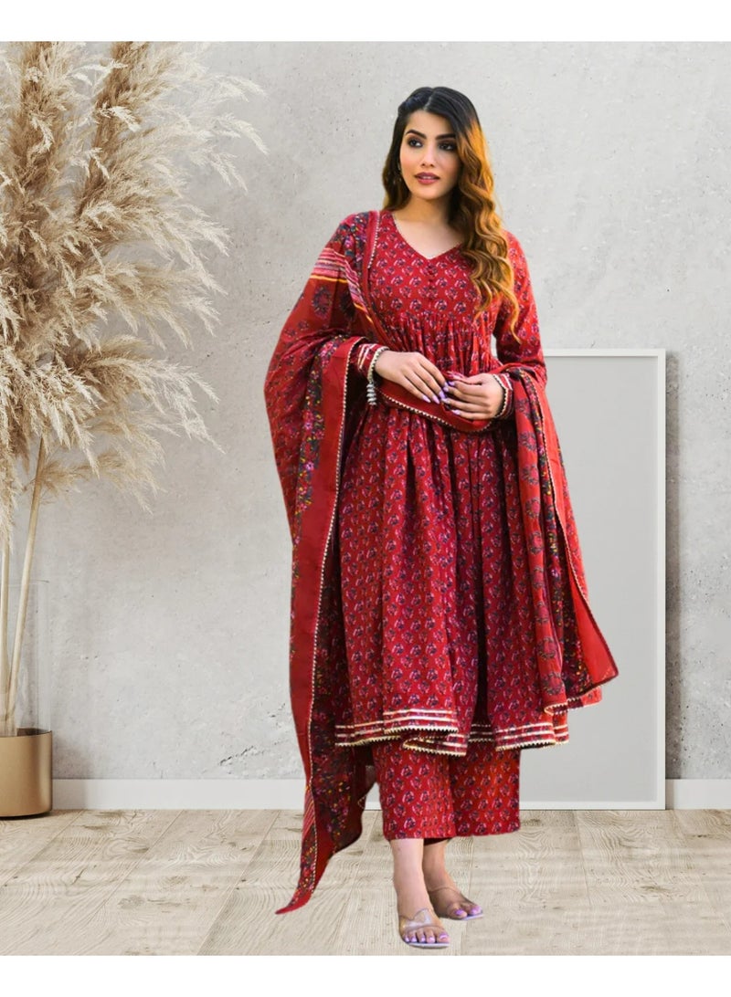 Divena Red Pure Cotton Hand Block Print Anarkali Kurta Set with Gota Work, V-Neck & Long Sleeves - Image 2