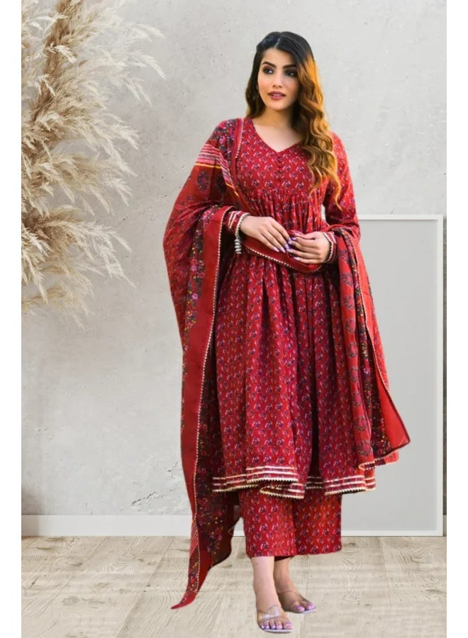 Divena Red Pure Cotton Hand Block Print Anarkali Kurta Set with Gota Work, V-Neck & Long Sleeves - Image 1