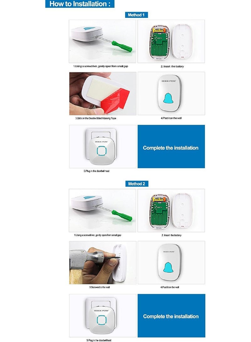 كابتن تيك طقم جرس باب لاسلكي مقاوم للماء مع 36 نغمة قابلة للتعديل بحجم 1000 قدم يعمل مع جرس باب فلاش LED للصوت للمنزل (جهاز استقبال واحد × زر ضغط واحد) - Image 5