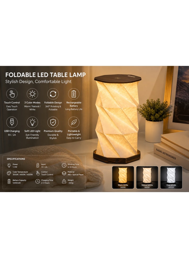 PSFS Rechargeable Foldable Led Table Lamp With Touch Control, 3 Color Modes, Usb Charging, Modern Decorative Desk Lamp For Bedroom, Living Room & Office - Image 3