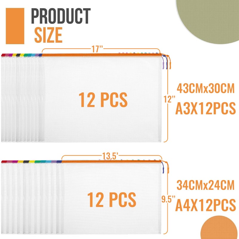 YOPCDJ 24pcs Mesh Zipper Pouch Bags, 12 Colors Extra Large 12PCS A3 and 12pcs A4, Puzzle Bag for Organizing, Classroom Must Have Storage Bag, File Bags for School, Board Games and Office Supplies - Image 2