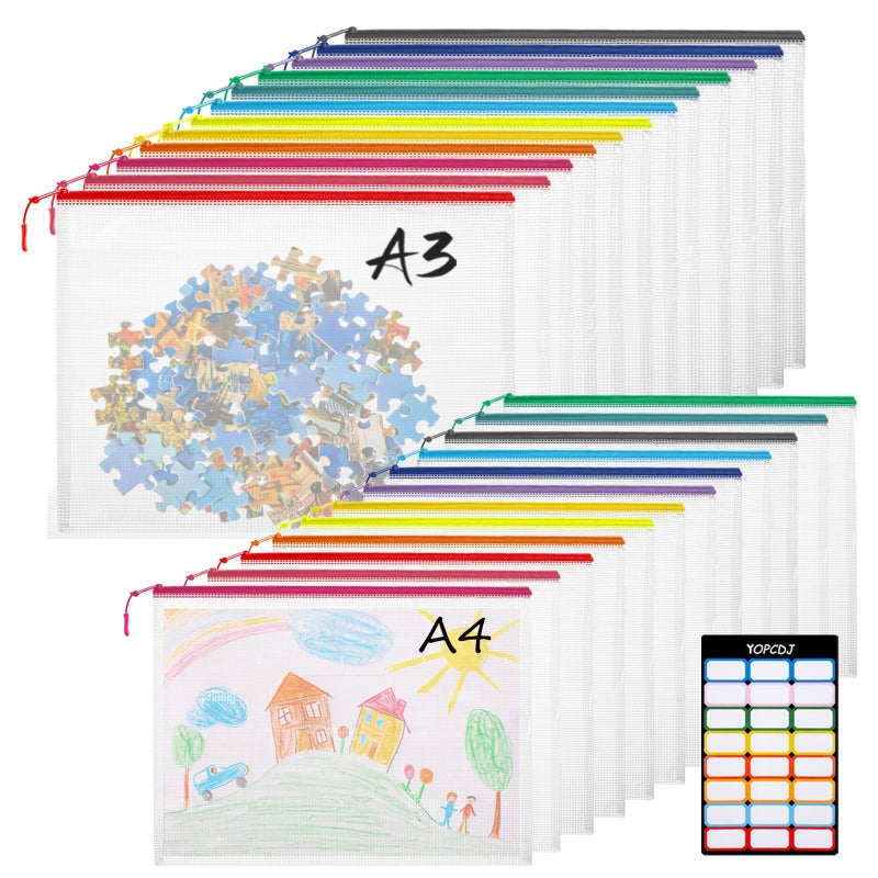 YOPCDJ 24pcs Mesh Zipper Pouch Bags, 12 Colors Extra Large 12PCS A3 and 12pcs A4, Puzzle Bag for Organizing, Classroom Must Have Storage Bag, File Bags for School, Board Games and Office Supplies - Image 1