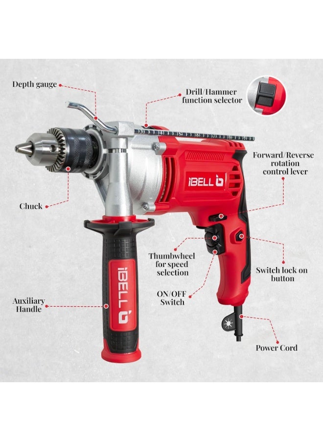 iBELL Industrial Impact Drill ID13-30,1100W, Copper Armature, Chuck 13mm manual, 0-3000 RPM, 2 mode selector, Forward/Reverse with variable speed - Image 2