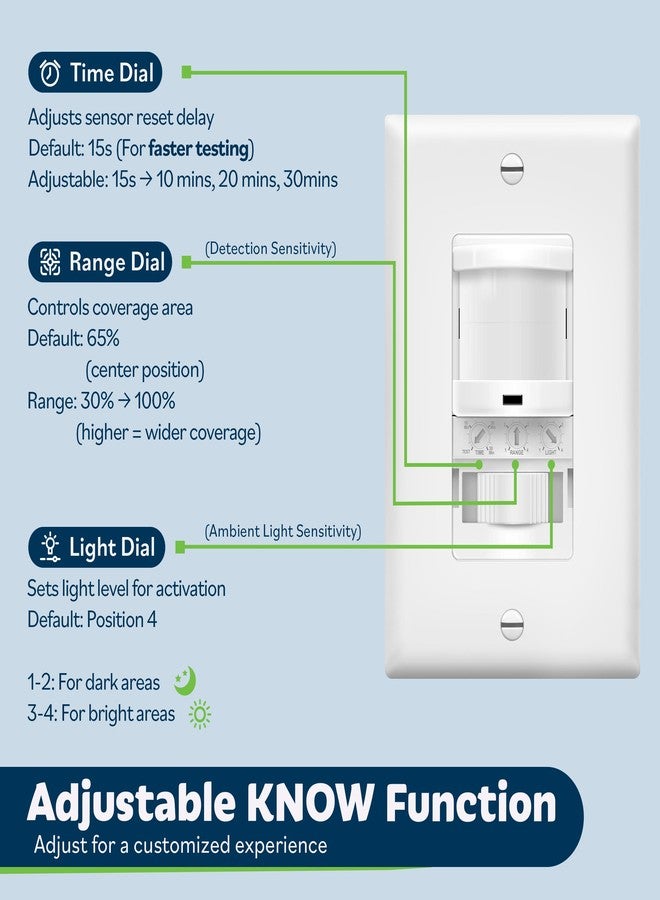 TOPGREENER in-Wall PIR Motion Sensor Light Switch, Occupancy Sensor Switch, On/Off Override, 4A, 500W, Single Pole, Neutral Wire Required, TSOS5-W, White, 2 Pack - Image 3