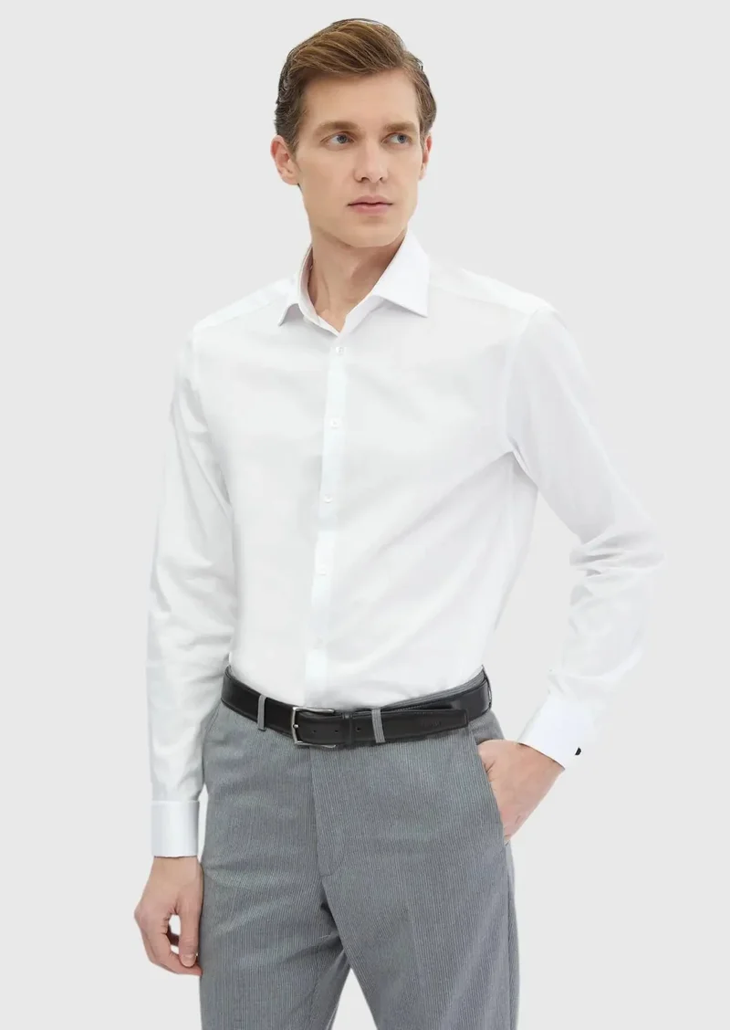 رامسي قميص أبيض سادة بقصة عادية، مصنوع من القطن الكلاسيكي 100%