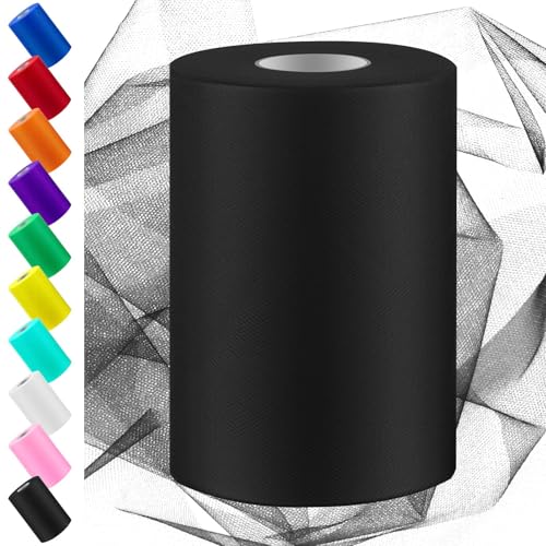 Swpeet 6 Inch by 100 Yards Black Tulle Fabric Roll Fabric Spool Tulle Ribbon Netting Polyester Spool Ideal for DIY Handmade Birthday Party Wedding Decorations Christmas Craft Supplies - Image 1