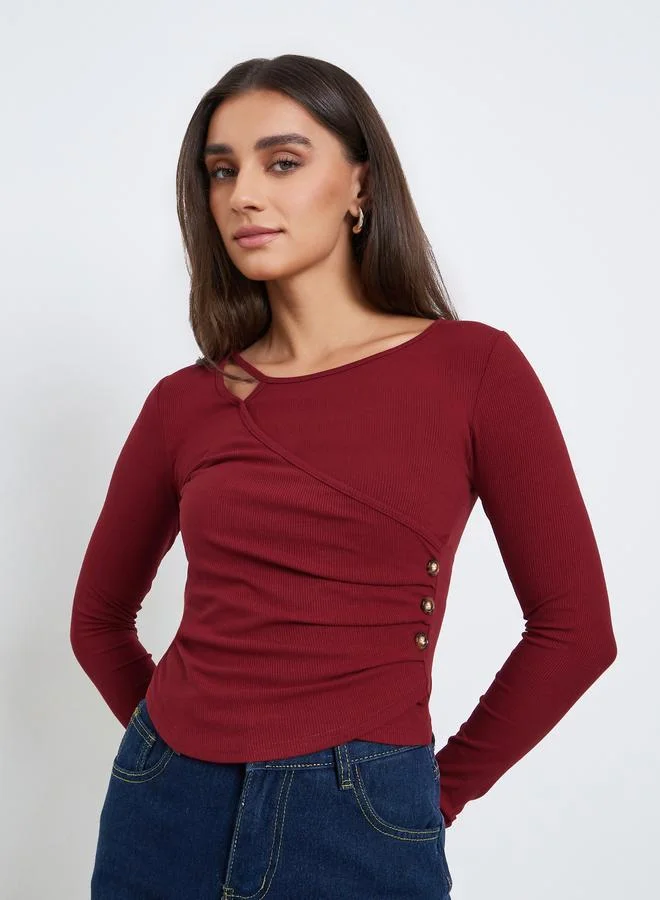 Styli Women Burgundy Asymmetric Long Sleeve Top