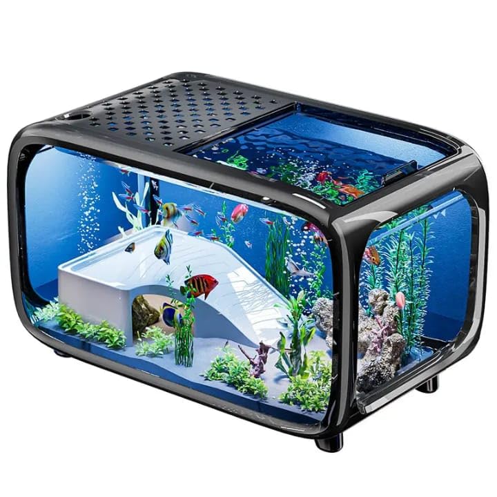 rizopets Premium Fish Aquarium Tank with Lid, LED Light & Filter | Modern Rectangle Fish Tank for Home & Office | Stylish Mini Aquarium for Betta, Goldfish, Guppies Size 40 cm 22.7 cm 25.5cm - Image 1