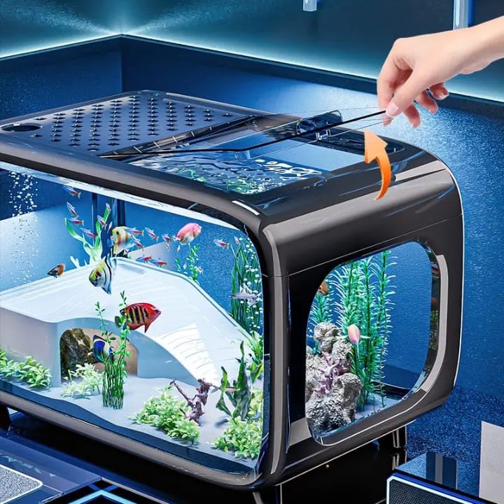rizopets Premium Fish Aquarium Tank with Lid, LED Light & Filter | Modern Rectangle Fish Tank for Home & Office | Stylish Mini Aquarium for Betta, Goldfish, Guppies Size 40 cm 22.7 cm 25.5cm - Image 4