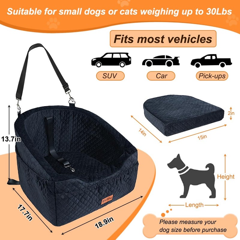 Vivifying Dog Car Seat for Small & Medium Dogs, Detachable & Washable Booster Seat for Pets Up to 30lbs, Travel Bed with Storage Pockets and Safety Belt â€“ Black - Image 2