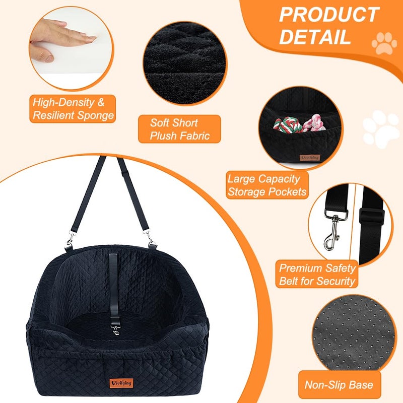 Vivifying Dog Car Seat for Small & Medium Dogs, Detachable & Washable Booster Seat for Pets Up to 30lbs, Travel Bed with Storage Pockets and Safety Belt â€“ Black - Image 3