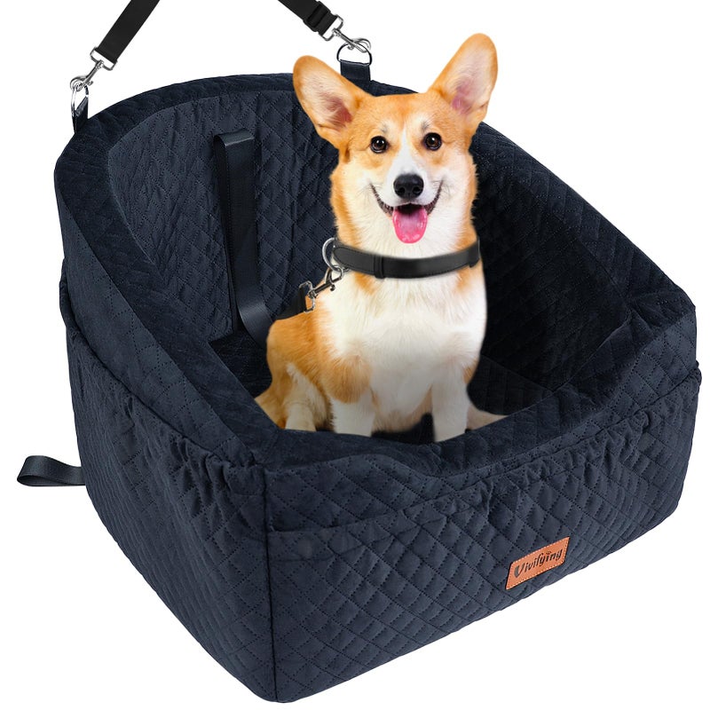 Vivifying Dog Car Seat for Small & Medium Dogs, Detachable & Washable Booster Seat for Pets Up to 30lbs, Travel Bed with Storage Pockets and Safety Belt â€“ Black - Image 1