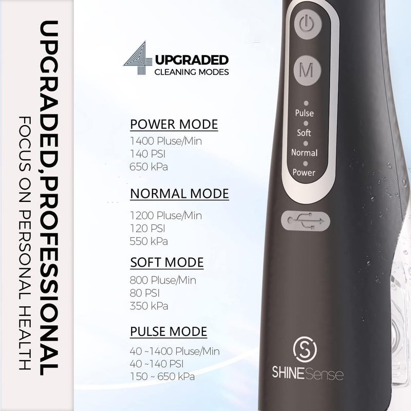 شاين سينس جهاز تنظيف الأسنان بالماء القابل لإعادة الشحن، خيط تنظيف الأسنان بنفث الماء، منظف الأسنان الكهربائي اللاسلكي للعناية بالفم مع 4 أوضاع و6 رؤوس نفث. - Image 4